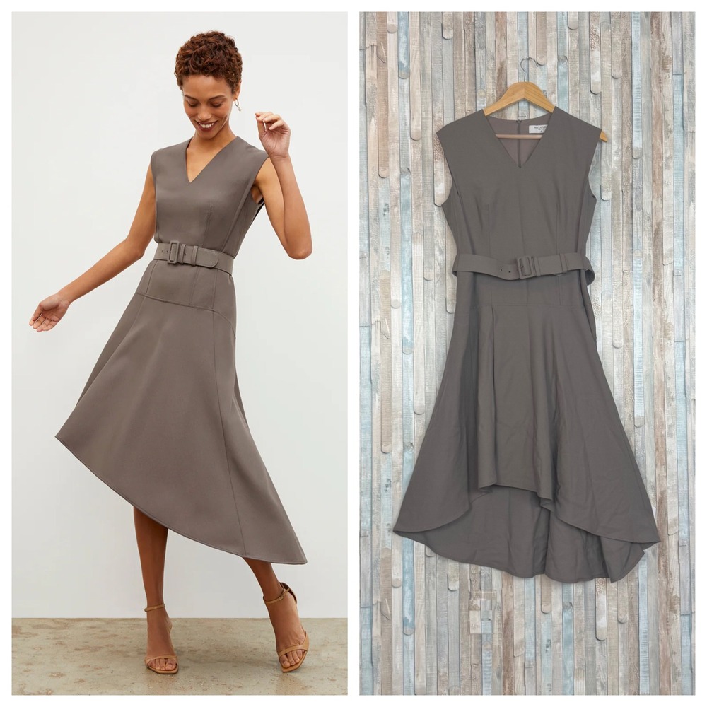 MM LaFleur 10 The Kelsey Dress Sharkskin Asymmetrical Taupe Wool Blend Belted